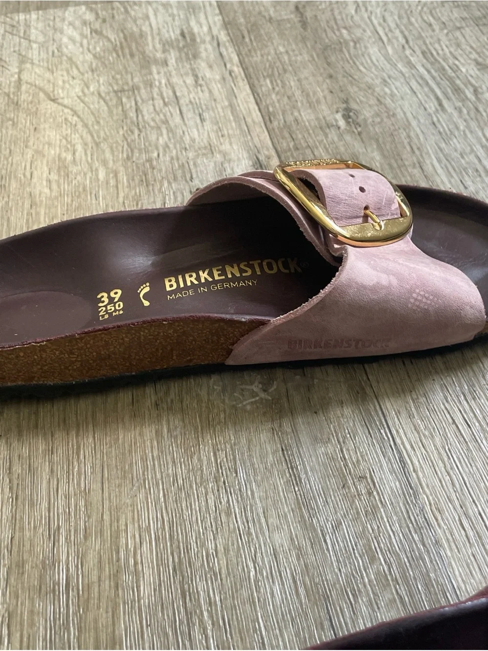 Birkenstock Madrid Soft Pink Suede Slide Sandals with Gold Buckles